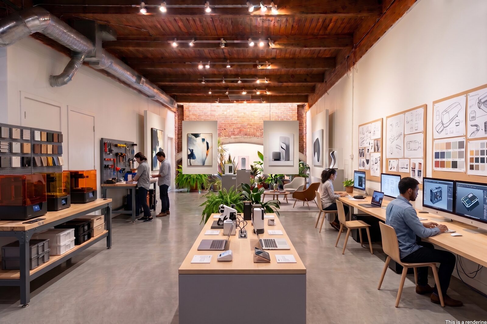 Concept rendering of Unit 210 built out as a product design studio with 3D printers, a materials wall, and workstations