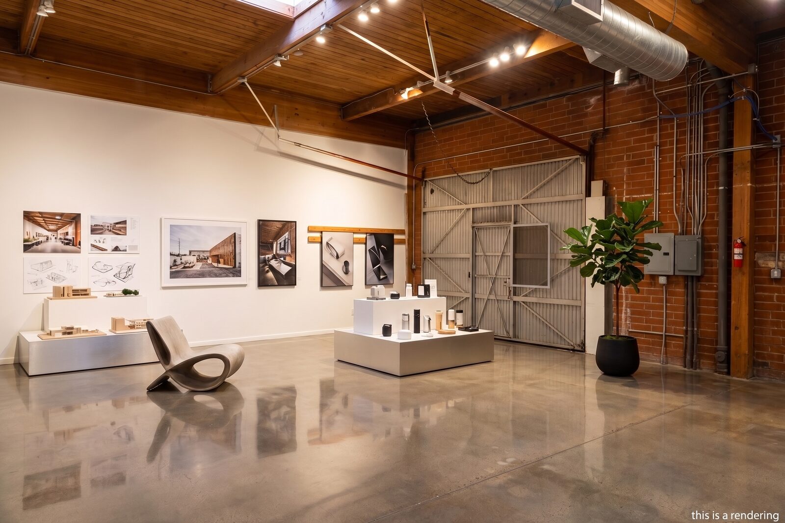 Concept rendering of Unit 210 built out as an exhibition and product gallery space with display pedestals and framed artwork