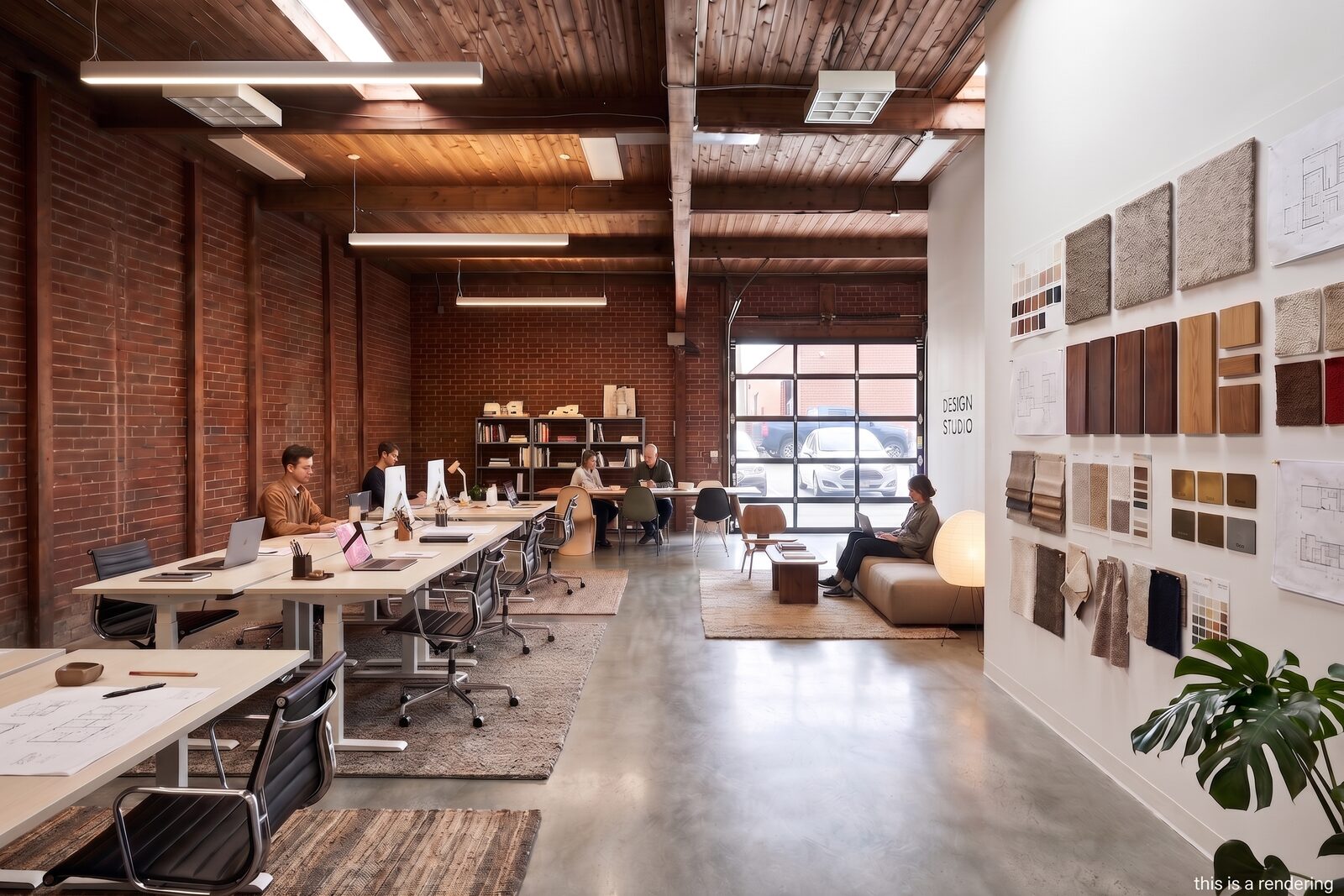 Concept rendering of Unit 218 built out as a design studio with a materials sample wall labeled Design Studio