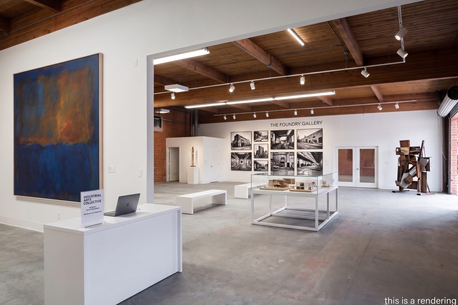 Concept rendering of Unit 220 built out as an art and design gallery with exhibition walls and display cases