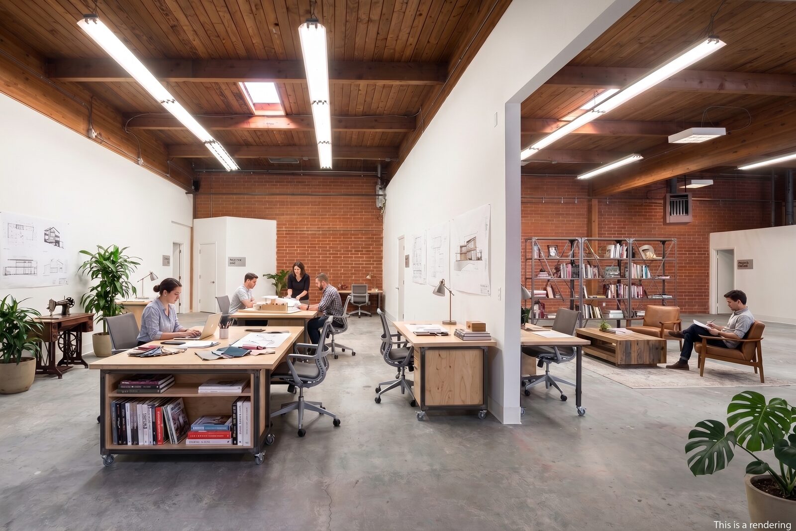 Concept rendering of Unit 220 built out as an architecture studio with drafting desks and models