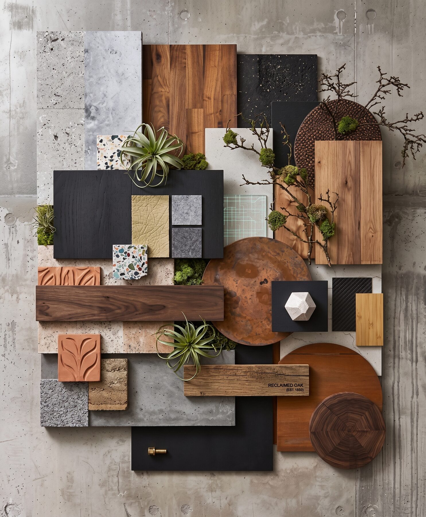 Materials mood board: brick, reclaimed oak, brass patina, and concrete