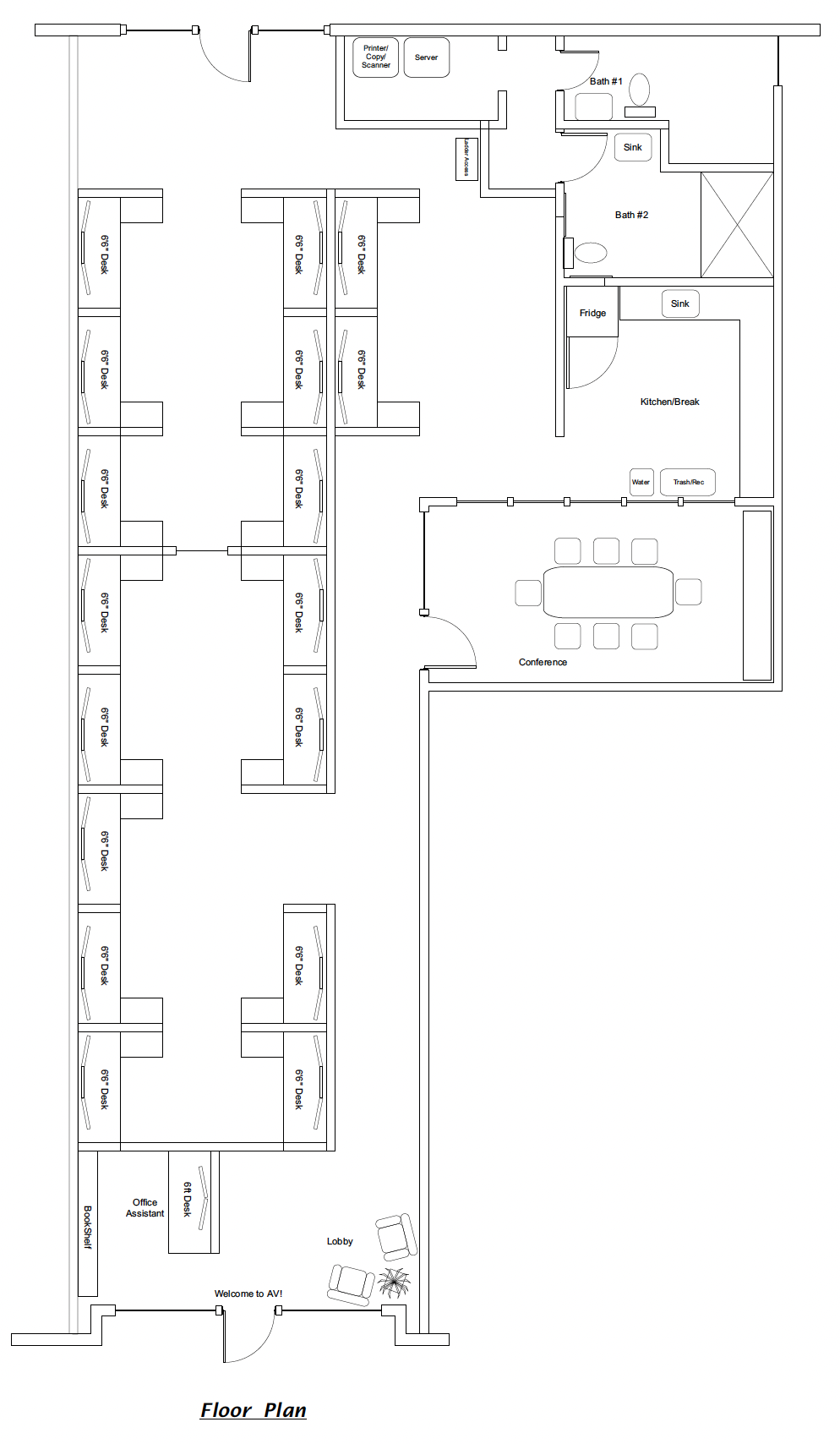 Floor plan of Unit 210 showing open workspace, conference room, kitchen and two bathrooms