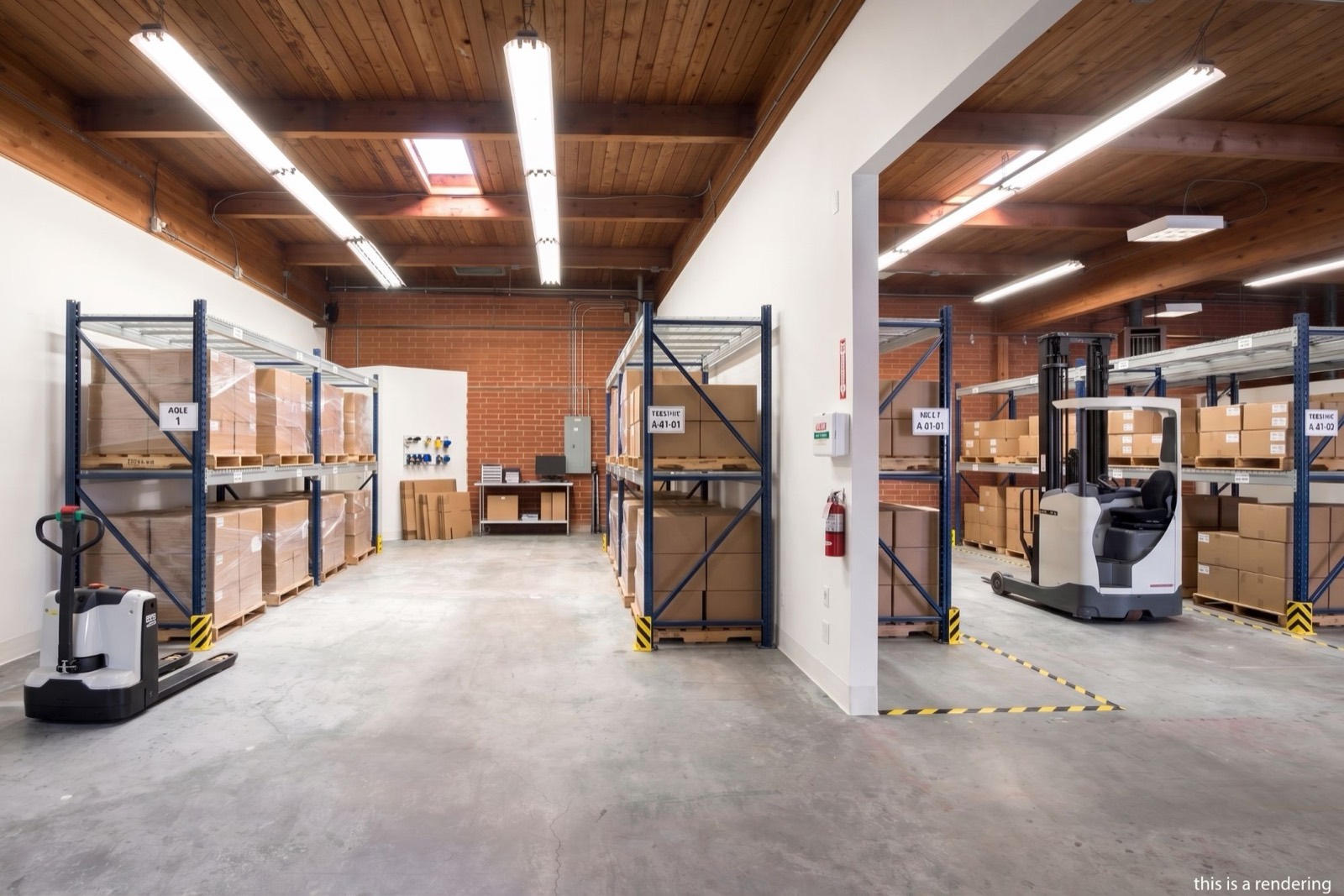 Concept rendering of Unit 220 as a warehouse with pallet racking, a forklift and exposed wood beam ceilings
